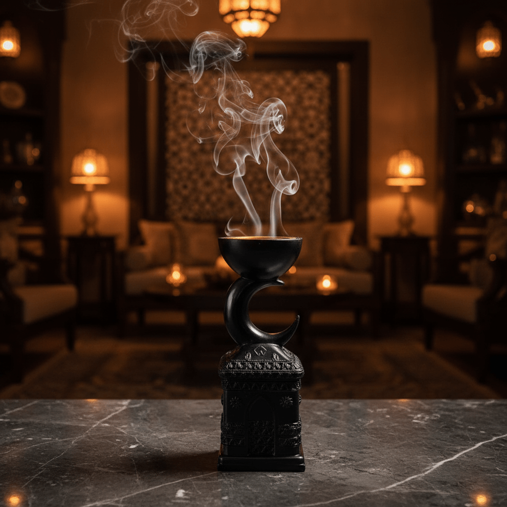 Black Chalk Incense Burner with Crescent Moon Stand | 22cm | Luxury Arabic Bakhoor Holder - Al Kabayel Discount CentreBlack Chalk Incense Burner with Crescent Moon Stand | 22cm | Luxury Arabic Bakhoor HolderIncense BurnerAKDCAl Kabayel Discount Centre