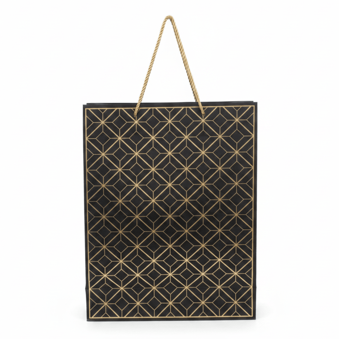 Black & Gold Geometric Paper Gift Bag – 40×30cm | Premium Foil Pattern with Twisted Rope Handles | - Al Kabayel Discount CentreBlack & Gold Geometric Paper Gift Bag – 40×30cm | Premium Foil Pattern with Twisted Rope Handles |Packing & Wrapping SuppliesAKDCAl Kabayel Discount Centre