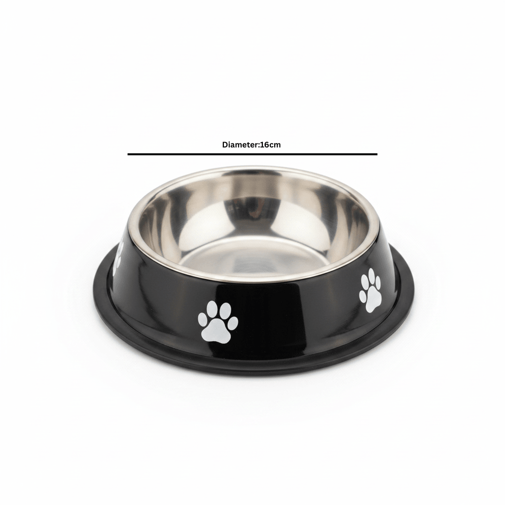 Black & Silver Stainless Steel Pet Feeding Bowl with Paw Print Design – 16cm - Al Kabayel Discount CentreBlack & Silver Stainless Steel Pet Feeding Bowl with Paw Print Design – 16cmPet SuppliesAKDCAl Kabayel Discount Centre