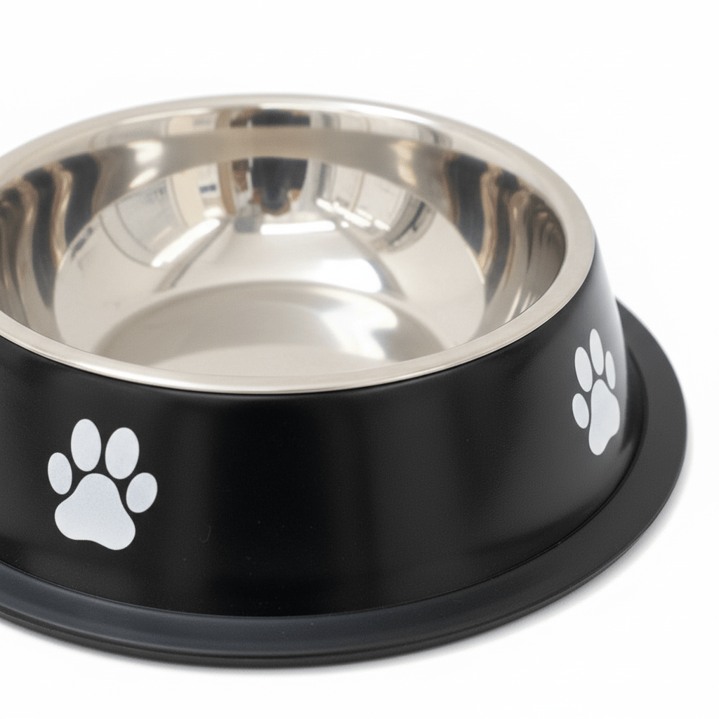 Black & Silver Stainless Steel Pet Feeding Bowl with Paw Print Design – 16cm - Al Kabayel Discount CentreBlack & Silver Stainless Steel Pet Feeding Bowl with Paw Print Design – 16cmPet SuppliesAKDCAl Kabayel Discount Centre