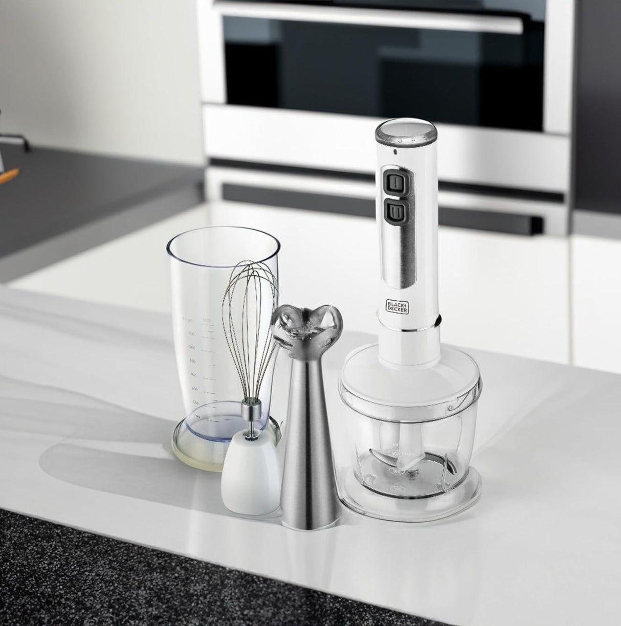 BLACK+DECKER 400W 4 - in - 1 Hand Blender SB4000 - B5 – Stainless Steel Stem Stick Blender with Chopper Bowl, Whisk & Beaker, Multi - Purpose Food Processor for Kitchen Needs - Al Kabayel Discount CentreBLACK+DECKER 400W 4 - in - 1 Hand Blender SB4000 - B5 – Stainless Steel Stem Stick Blender with Chopper Bowl, Whisk & Beaker, Multi - Purpose Food Processor for Kitchen NeedsFood & Drink AppliancesBLACK+DECKERAl Kabayel Discount Centre