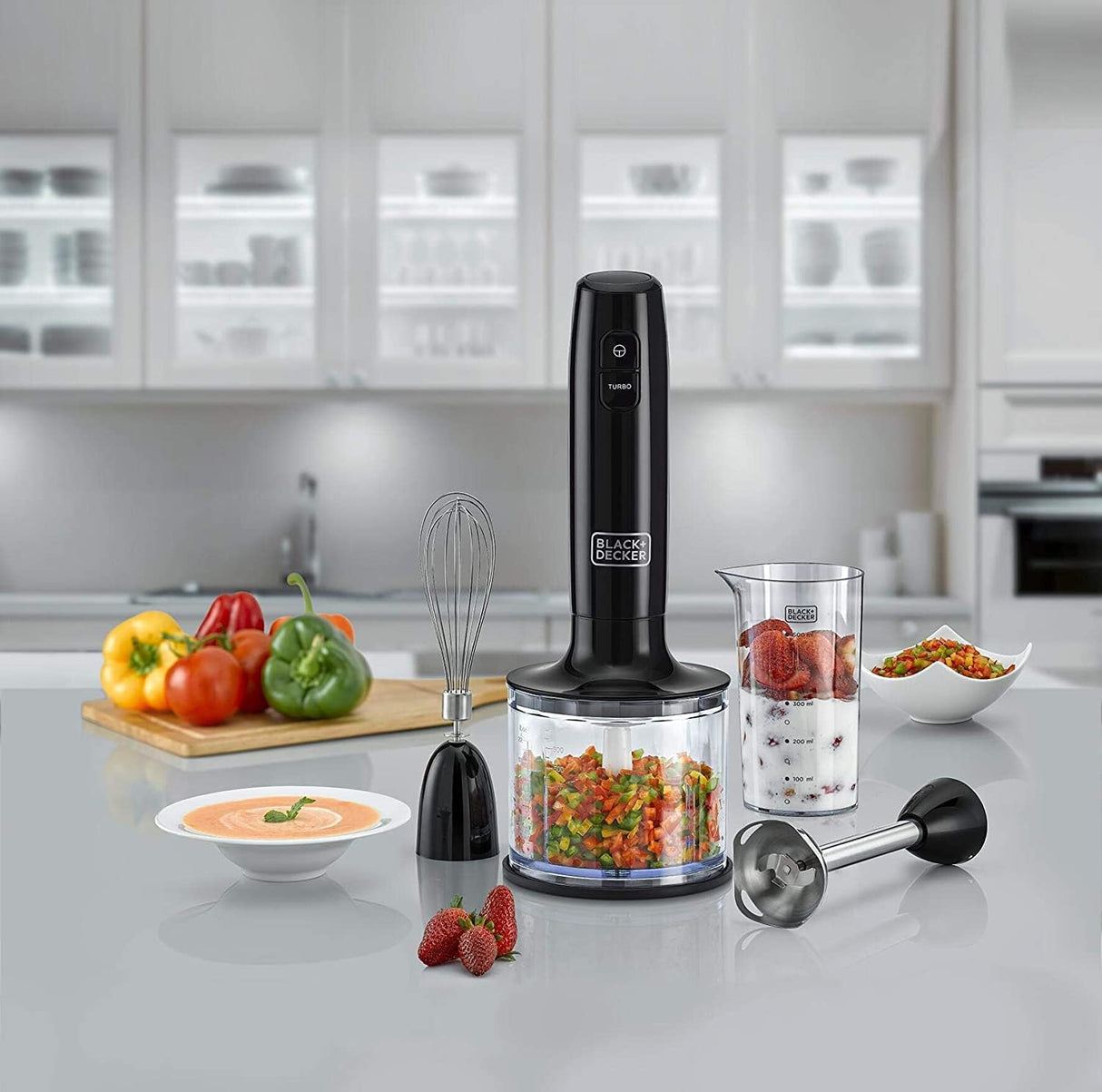 BLACK+DECKER 600W 3 - in - 1 Hand Blender HB600 - B5 – Powerful Stick Blender with 600ml Chopper, 500ml Beaker & Whisk, Stainless Steel Blades, Dual Speed & Anti - Slip Base - Al Kabayel Discount CentreBLACK+DECKER 600W 3 - in - 1 Hand Blender HB600 - B5 – Powerful Stick Blender with 600ml Chopper, 500ml Beaker & Whisk, Stainless Steel Blades, Dual Speed & Anti - Slip BaseFood & Drink AppliancesBLACK+DECKERAl Kabayel Discount Centre