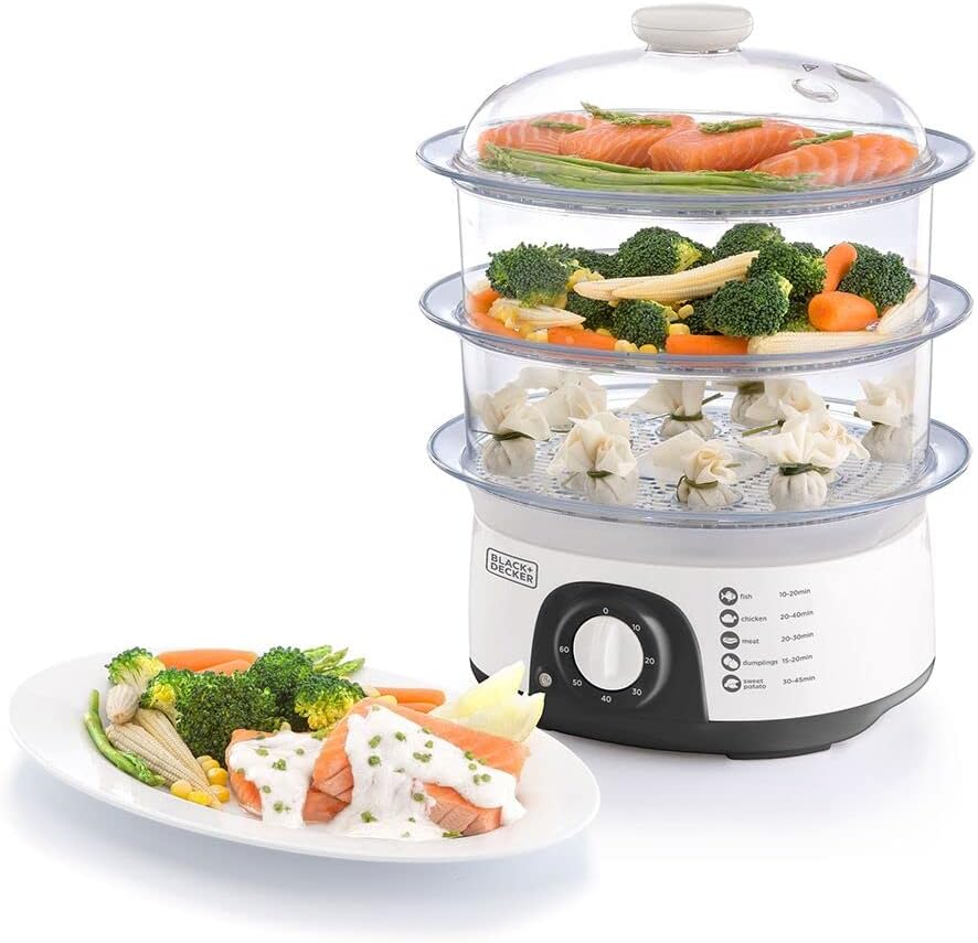 BLACK+DECKER Food Steamer,775W, 10L 3 - Tier Detachable Design, Timer Control, Quick & Easy Meal Prep, Dishwasher Safe, Lightweight 1.98 Kg, 220 - 240V, Efficient and Compact, White - HS6000 - B5 - Al Kabayel Discount CentreBLACK+DECKER Food Steamer,775W, 10L 3 - Tier Detachable Design, Timer Control, Quick & Easy Meal Prep, Dishwasher Safe, Lightweight 1.98 Kg, 220 - 240V, Efficient and Compact, White - HS6000 - B5Food StreamersBLACK & DECKERAl Kabayel Discount Centre