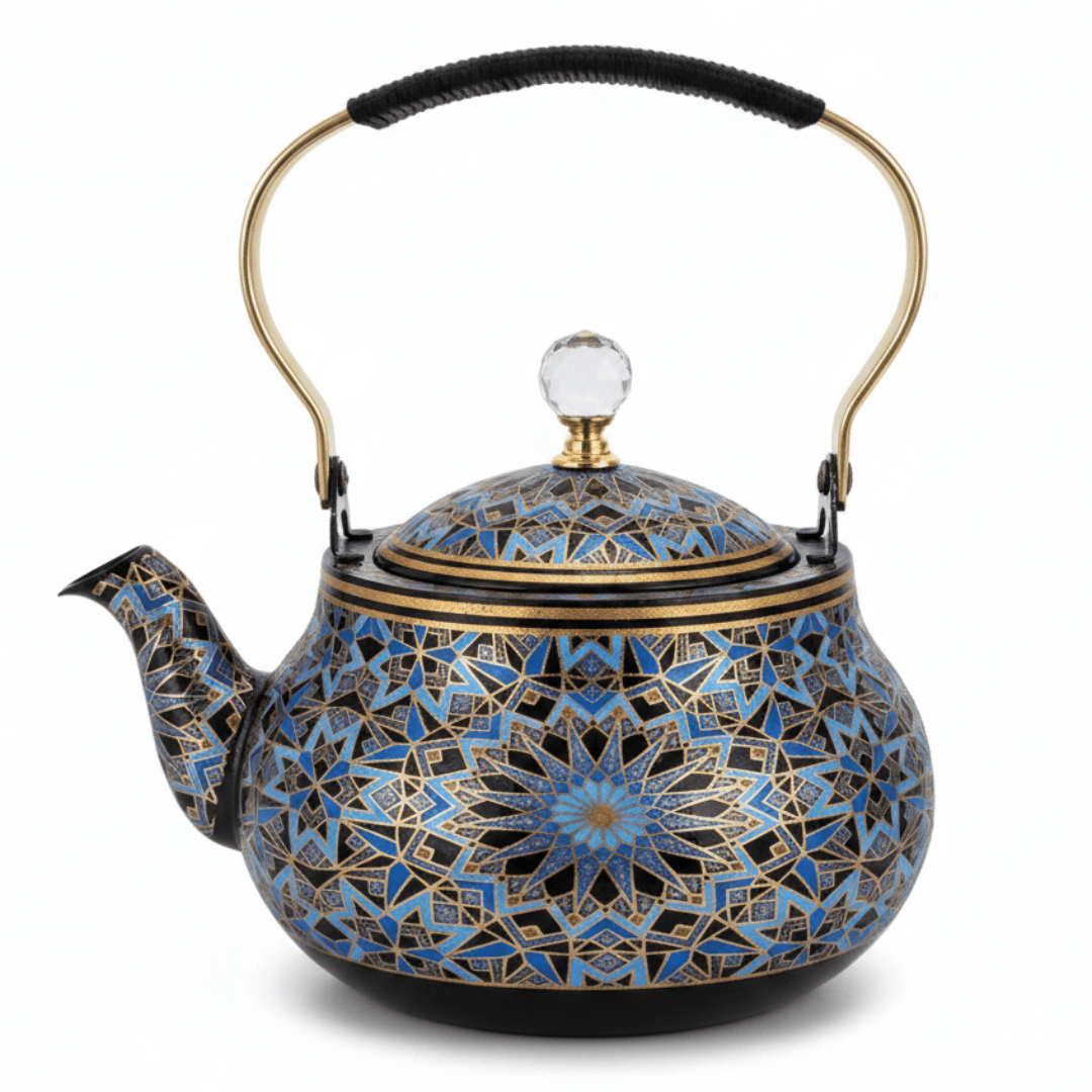 Blue & Black Enamel Metal Kettle with Islamic Geometric Mosaic Pattern, Crystal Lid Knob & Gold Handle | 1.5 Litre | - Al Kabayel Discount CentreBlue & Black Enamel Metal Kettle with Islamic Geometric Mosaic Pattern, Crystal Lid Knob & Gold Handle | 1.5 Litre |Tea/Coffee PotsAKDCAl Kabayel Discount Centre