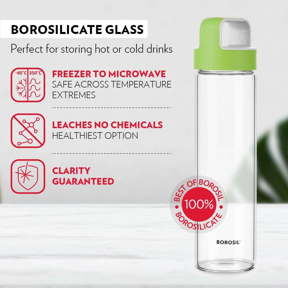 Borosil Glass Water Bottle|Fridge Bottle|Sports Bottle|Yoga Bottle|Outdoor|Picnic|Portable|Easy to Carry|Leak Proof|Resusable With Green Handle, Transparent, Clear, See Through Bottle - 550ML - Al Kabayel Discount CentreBorosil Glass Water Bottle|Fridge Bottle|Sports Bottle|Yoga Bottle|Outdoor|Picnic|Portable|Easy to Carry|Leak Proof|Resusable With Green Handle, Transparent, Clear, See Through Bottle - 550MLWater BottlesBOROSILAl Kabayel Discount Centre