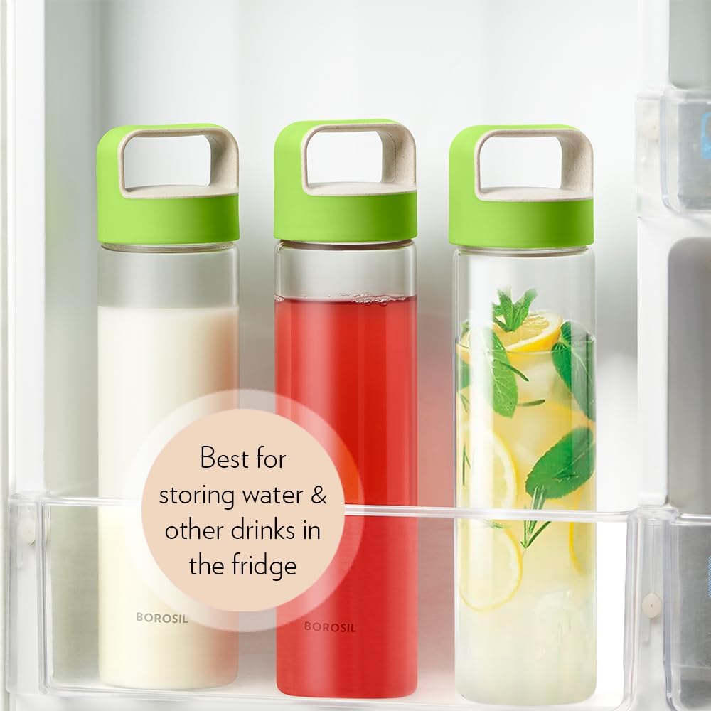 Borosil Glass Water Bottle|Fridge Bottle|Sports Bottle|Yoga Bottle|Outdoor|Picnic|Portable|Easy to Carry|Leak Proof|Resusable With Green Handle, Transparent, Clear, See Through Bottle - 550ML - Al Kabayel Discount CentreBorosil Glass Water Bottle|Fridge Bottle|Sports Bottle|Yoga Bottle|Outdoor|Picnic|Portable|Easy to Carry|Leak Proof|Resusable With Green Handle, Transparent, Clear, See Through Bottle - 550MLWater BottlesBOROSILAl Kabayel Discount Centre