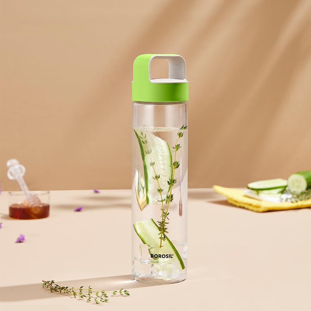 Borosil Glass Water Bottle|Fridge Bottle|Sports Bottle|Yoga Bottle|Outdoor|Picnic|Portable|Easy to Carry|Leak Proof|Resusable With Green Handle, Transparent, Clear, See Through Bottle - 550ML - Al Kabayel Discount CentreBorosil Glass Water Bottle|Fridge Bottle|Sports Bottle|Yoga Bottle|Outdoor|Picnic|Portable|Easy to Carry|Leak Proof|Resusable With Green Handle, Transparent, Clear, See Through Bottle - 550MLWater BottlesBOROSILAl Kabayel Discount Centre