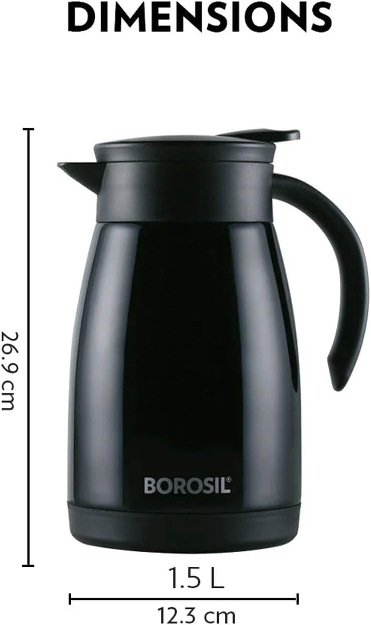 Borosil Insulated Stainless Steel Vacuum Flask Carafe, 1500 ml, Black