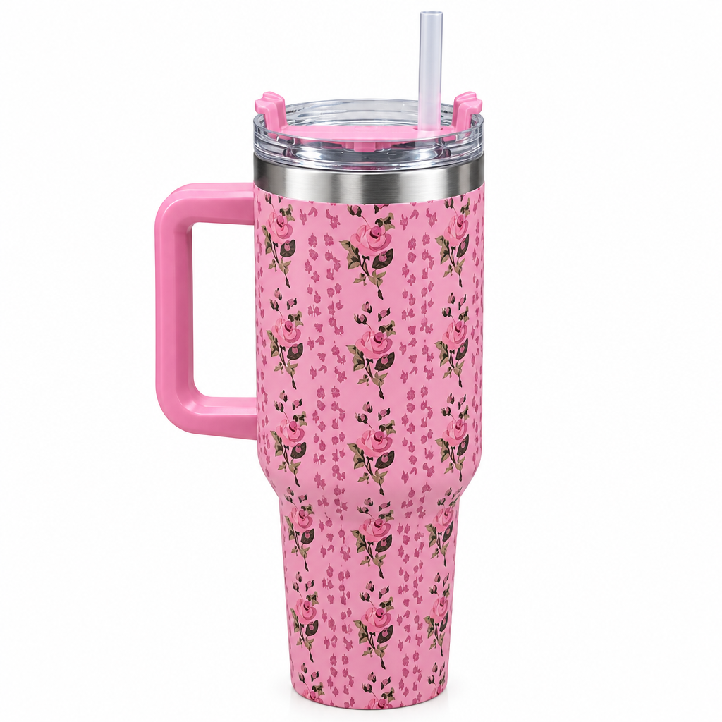 Floral Stainless Steel Water Bottle with Straw and Handle Pink – 1 Litre