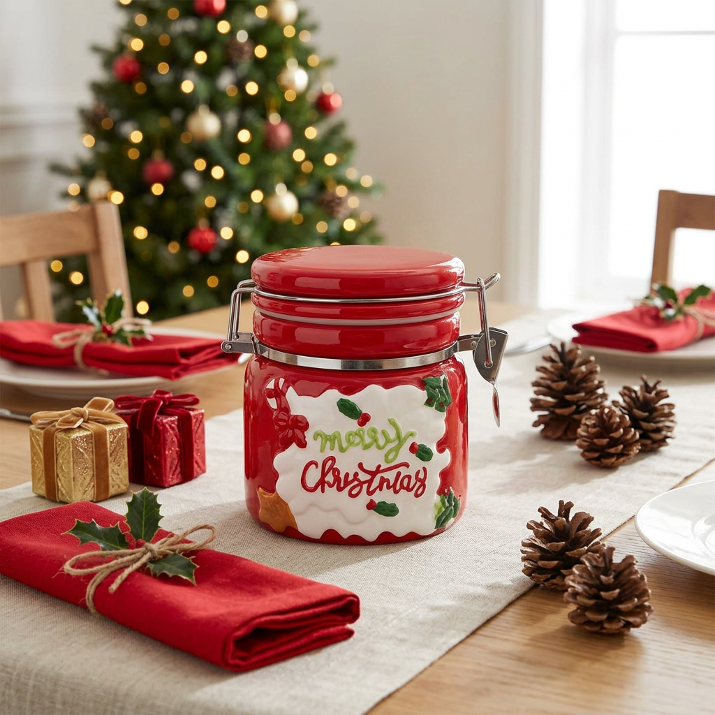 Ceramic Christmas Candy Jar with Lid - 600ml
