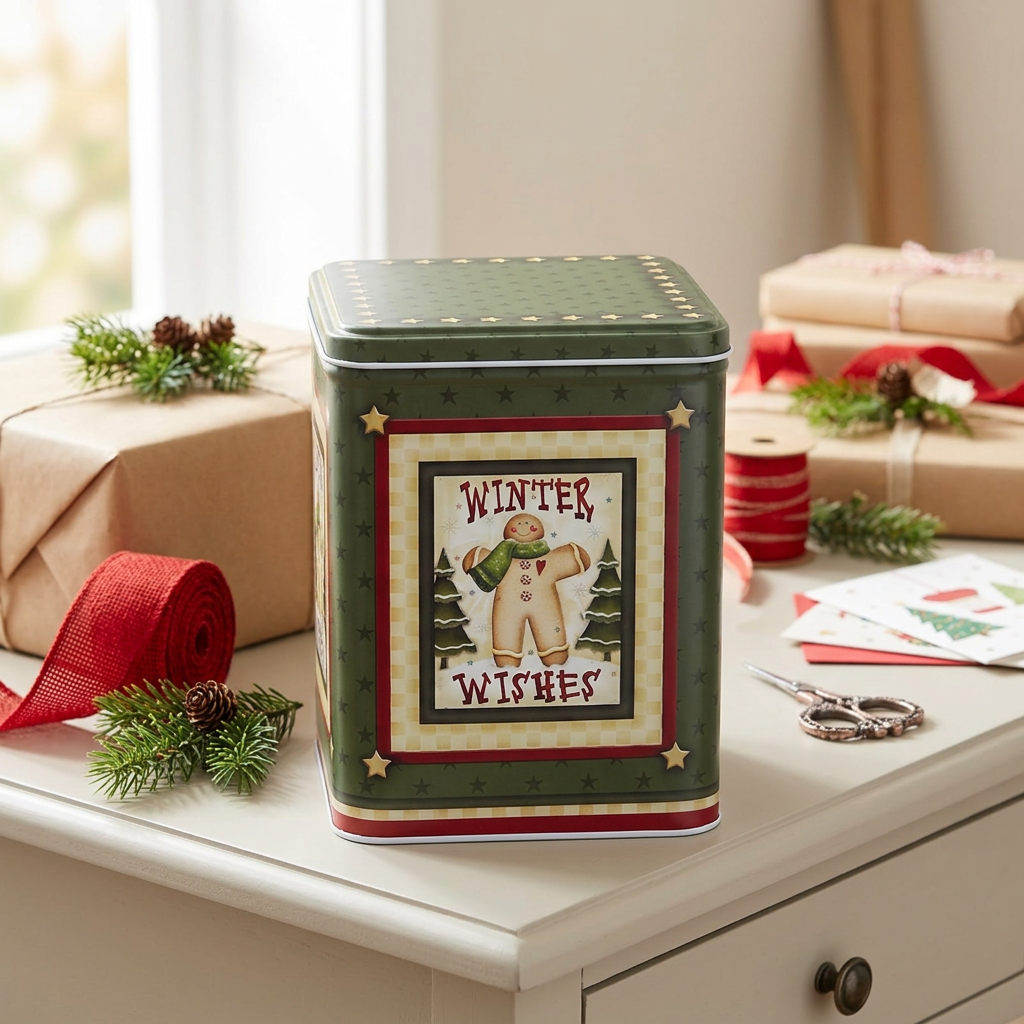 Metal Christmas Candy Box with Lid Dark Green - 14×10cm
