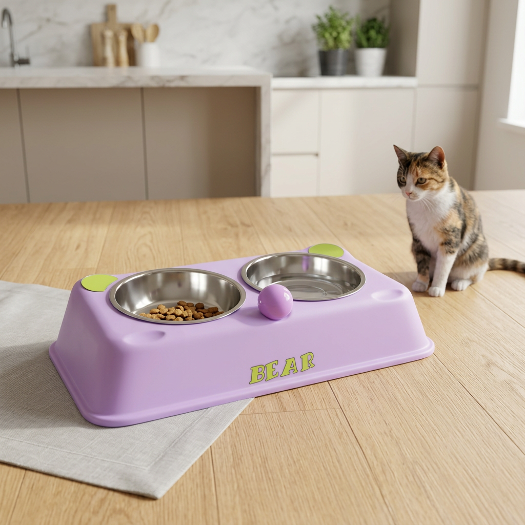 Plastic & Metal Double Pet Food Bowl Set Purple – 30×14cm