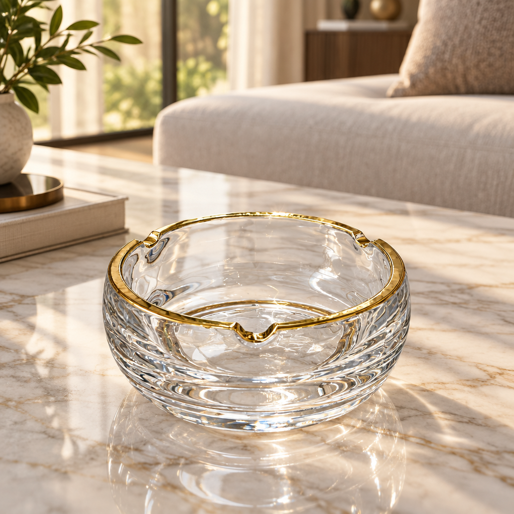 Diamond Glass Ashtray with Golden Rim – 15cm