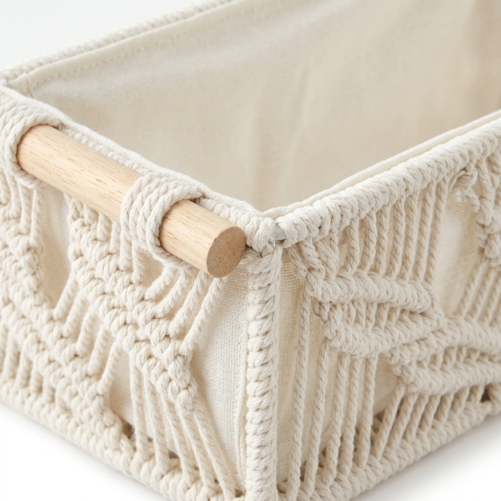 Rectangular Open Cloth Storage Box with Wooden Handles Cream – 35×17cm