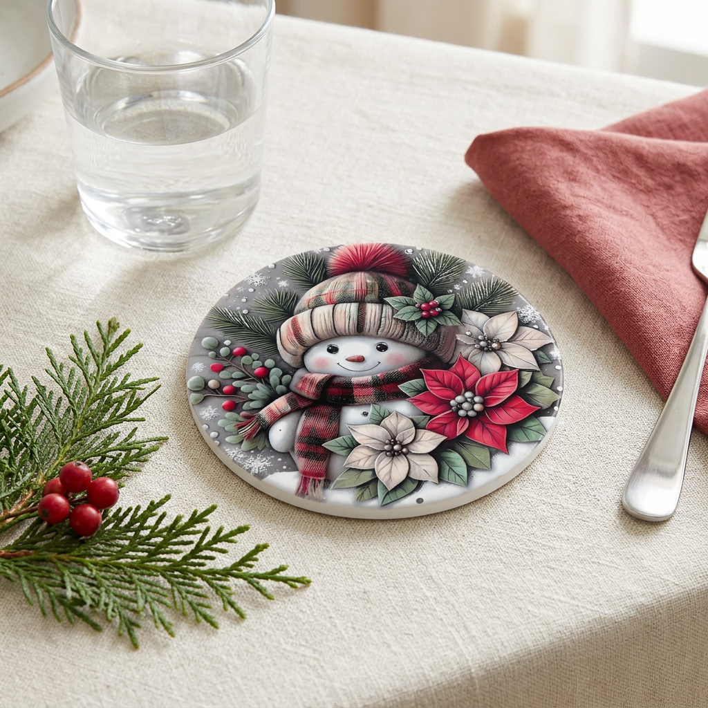 Ceramic-Coated Round Christmas Coaster - 10cm