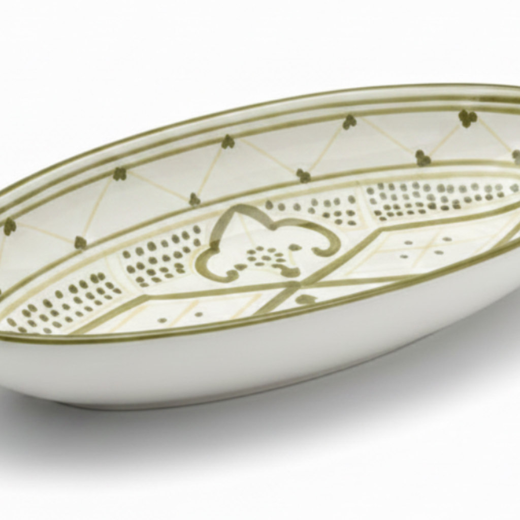 Slama White & Olive Gold Ceramic Oval Serving Plate - 31 cm