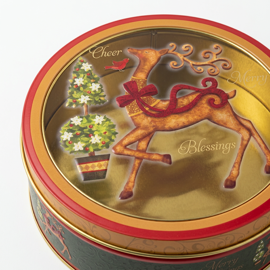 Round Metal Christmas Candy Box with Plastic Lid - 20cm