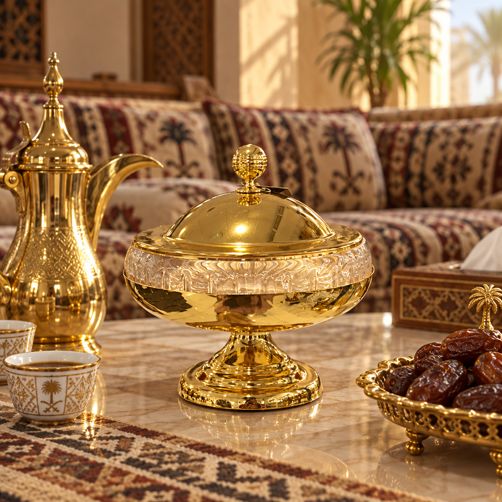 وعاء حلويات بقاعدة وغطاء من المعدن والزجاج، لون ذهبي - 15×18 سم