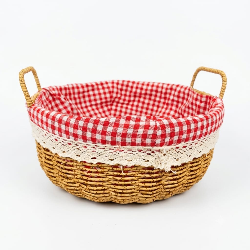 Round Wicker Bread Basket with Red Gingham Lining
