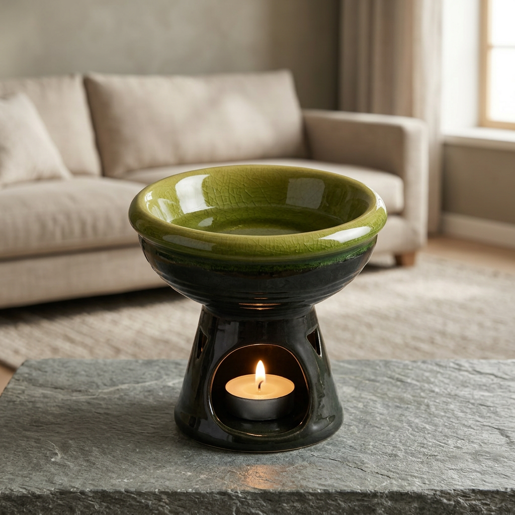 Ceramic Oil Burner Olive Green & Black - 12×12cm