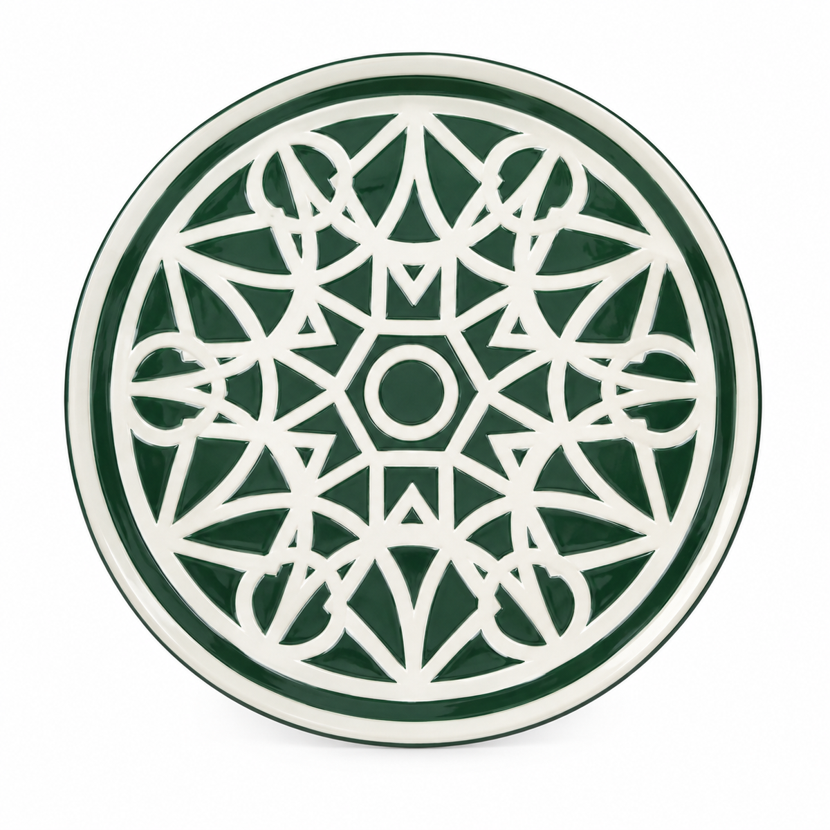 Shallow 12-Piece Porcelain Dinner Set – Green & White