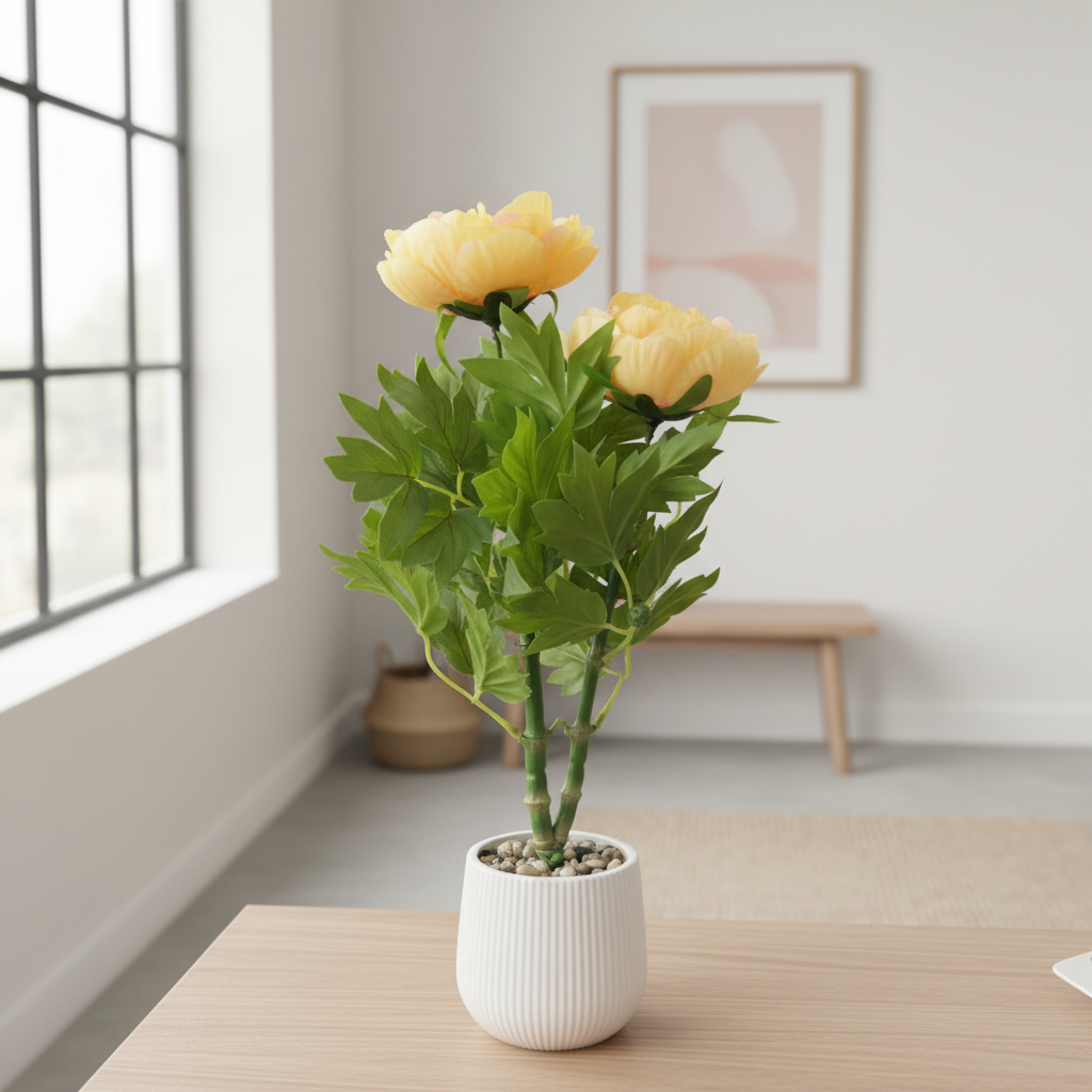 Artificial Flower Plant Yellow with White Plastic Pot - 40cm