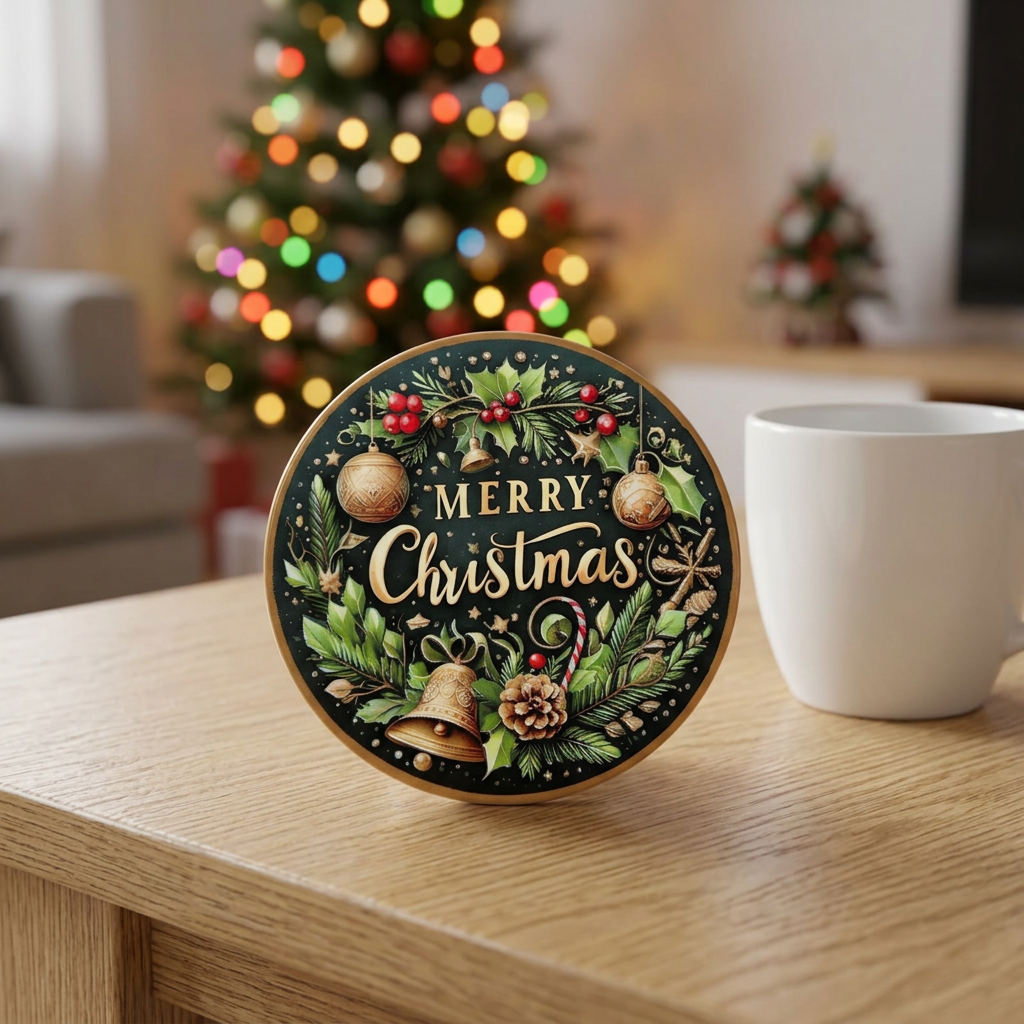 Ceramic-Coated Round Christmas Coaster - 10cm