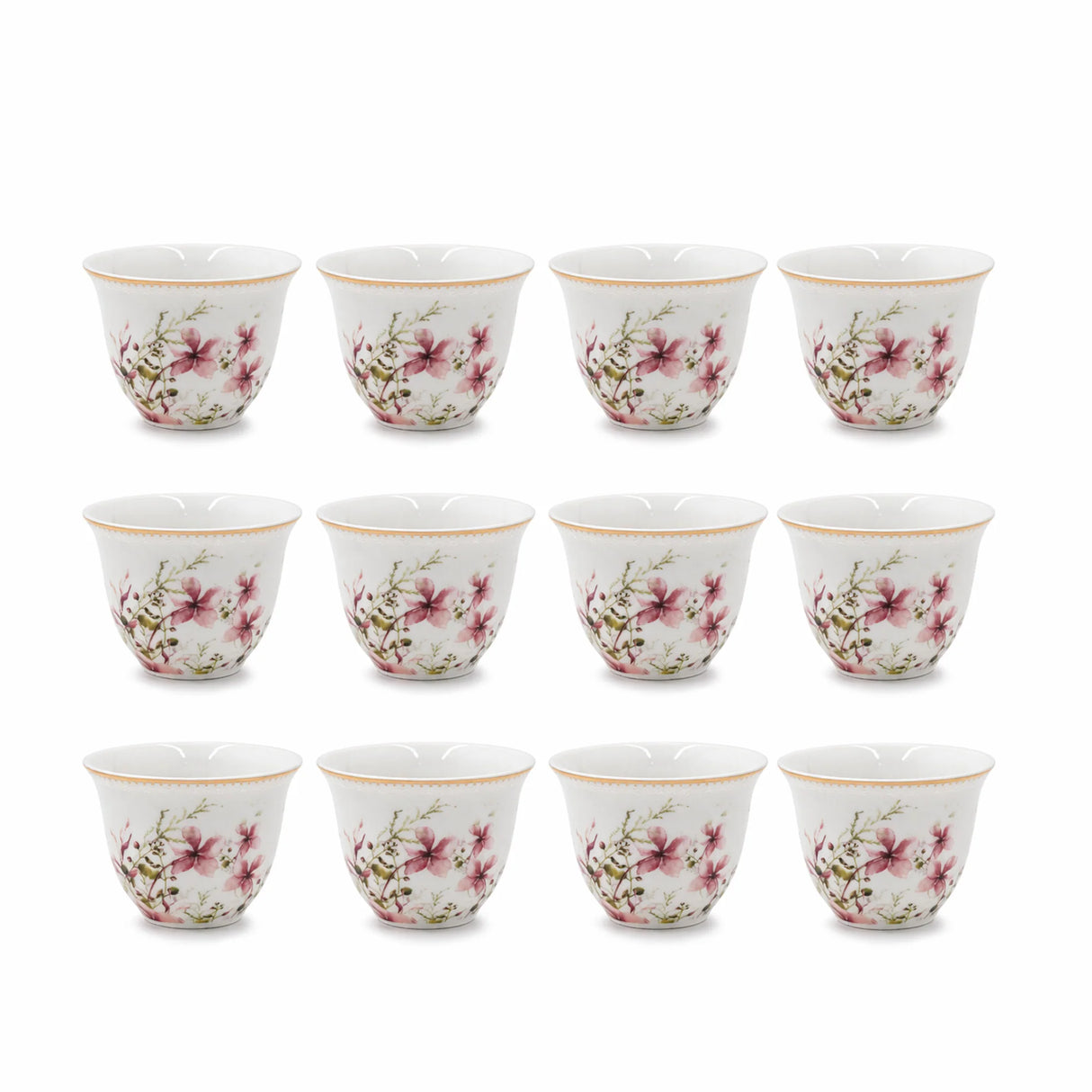 ABL GP-155 Ceramic Ceramic Cawa Cup Set – 12 Pieces – Floral Design with Gold Rim
