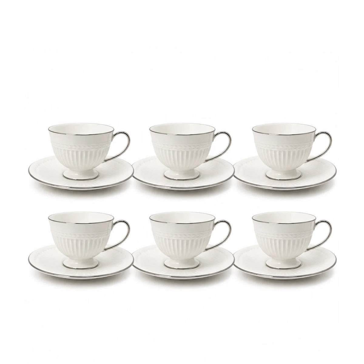 Angela Ceramic Turkish Coffee Cup with Saucer Set – 12 Pieces – White with Silver Rim Finish BG-69