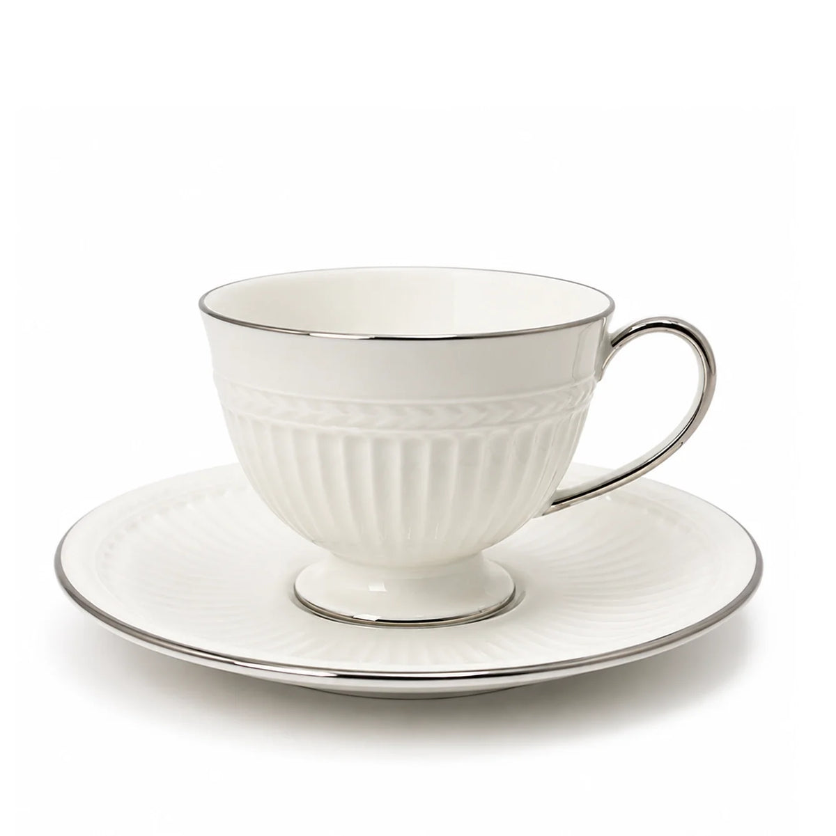 Angela Ceramic Milk Tea Cup with Saucer Set – White with Silver Rim Finish BG-68