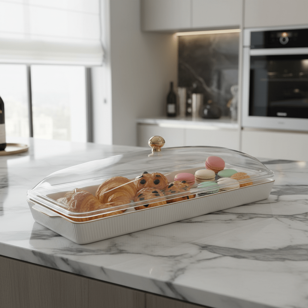 Christian Verucci Rectangle Off-White Ceramic Flat Plate with Clear Acrylic Cover & Gold Knob – 22 Inch - Al Kabayel Discount CentreChristian Verucci Rectangle Off-White Ceramic Flat Plate with Clear Acrylic Cover & Gold Knob – 22 InchServing TrayCHRISTIAN VERUCCIAl Kabayel Discount Centre