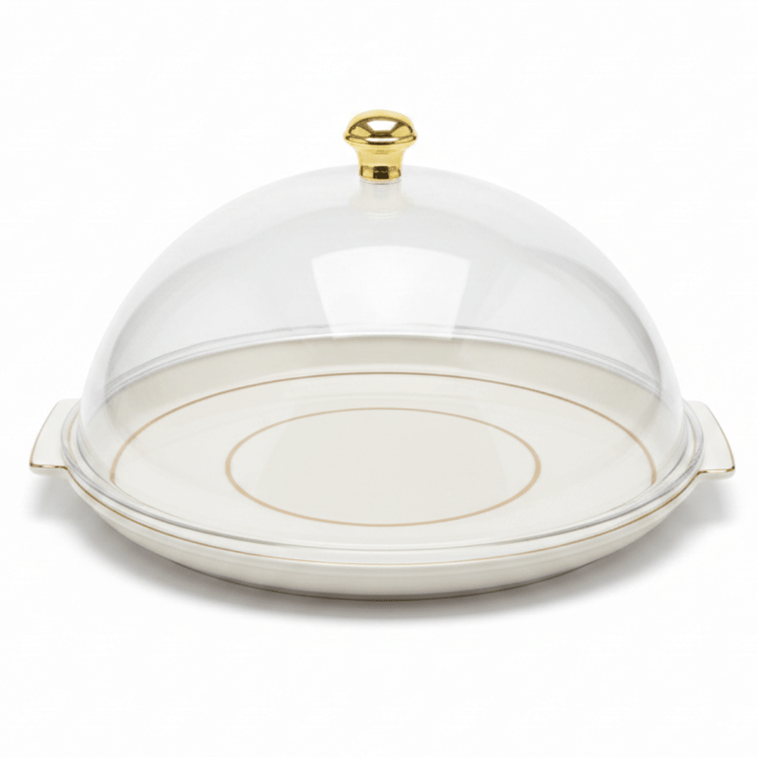 Christian Verucci Round Off-White Cake Plate with Clear Acrylic Dome Cover & Gold Knob Handle | 13.5 Inch | - Al Kabayel Discount CentreChristian Verucci Round Off-White Cake Plate with Clear Acrylic Dome Cover & Gold Knob Handle | 13.5 Inch |Serving TrayCHRISTIAN VERUCCIAl Kabayel Discount Centre