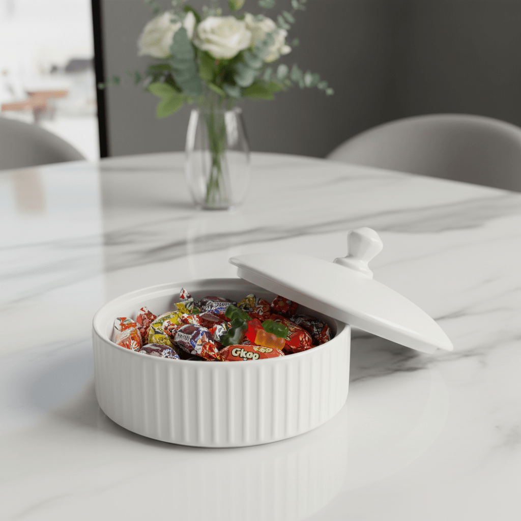 Classic White Ceramic Candy Bowl with Lid – Stylish Snack & Sweet Serving Dish (7 inch) - Al Kabayel Discount CentreClassic White Ceramic Candy Bowl with Lid – Stylish Snack & Sweet Serving Dish (7 inch)Jars & Food SaversAKDCAl Kabayel Discount Centre