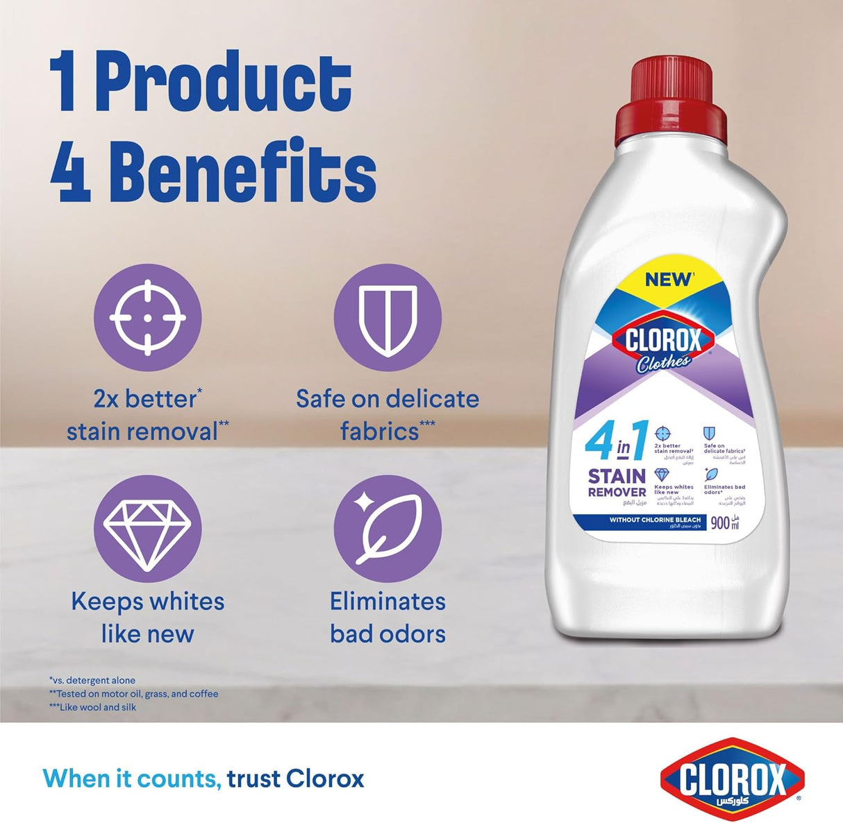 Clorox Clothes 4 - in - 1 Stain Remover 900ml, Without Chlorine Bleach, Keep Whites Like New - Al Kabayel Discount CentreClorox Clothes 4 - in - 1 Stain Remover 900ml, Without Chlorine Bleach, Keep Whites Like NewLaundry CareCLOROXAl Kabayel Discount Centre