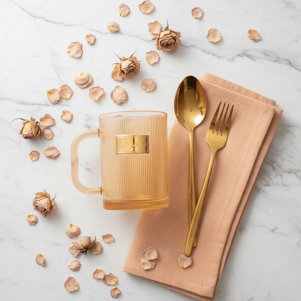 Concise Tinted Peach Ribbed Glass Mug — 300ml | Gold Embossed | Premium Glassware - Al Kabayel Discount CentreConcise Tinted Peach Ribbed Glass Mug — 300ml | Gold Embossed | Premium GlasswareMugsConciseAl Kabayel Discount Centre