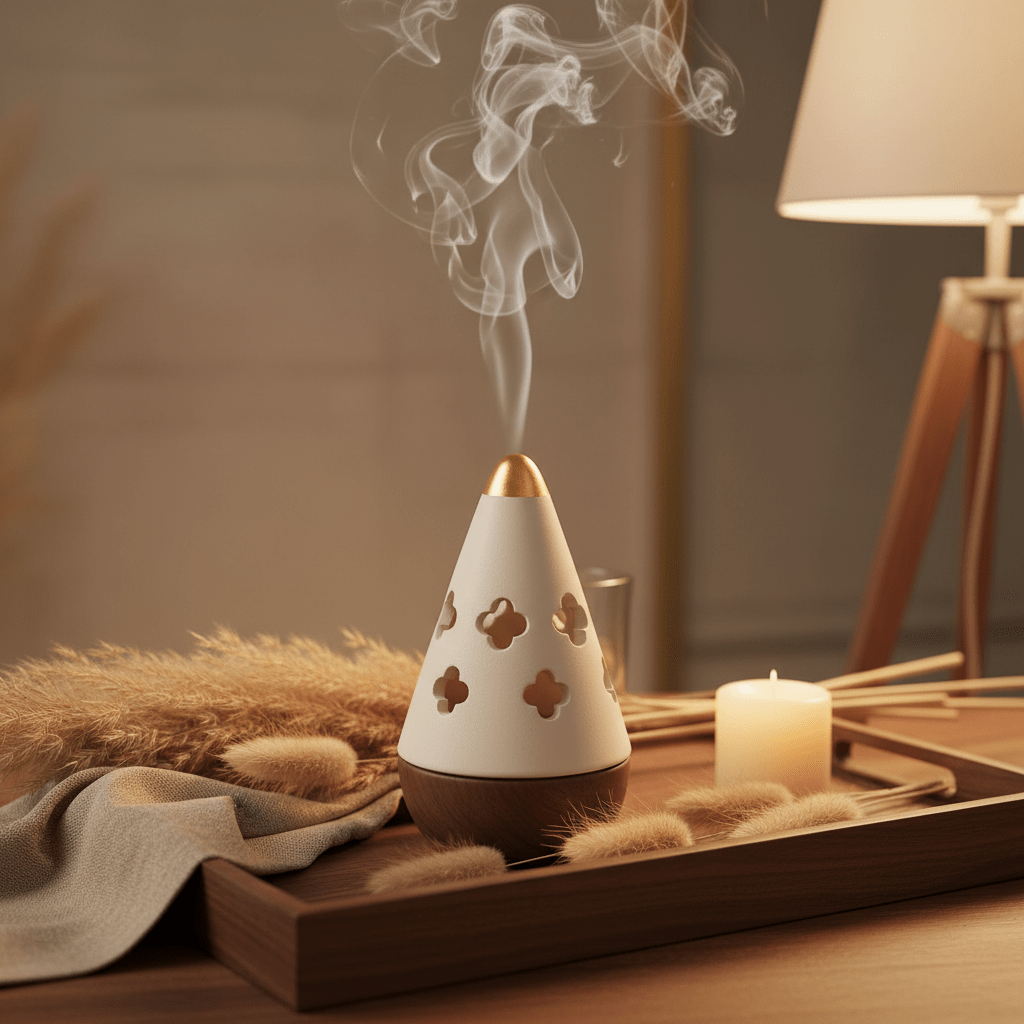 Cream & Brown Ceramic Cone Incense Burner | Quatrefoil Cutout Design | 13cm - Al Kabayel Discount CentreCream & Brown Ceramic Cone Incense Burner | Quatrefoil Cutout Design | 13cmIncense BurnerAKDCAl Kabayel Discount Centre