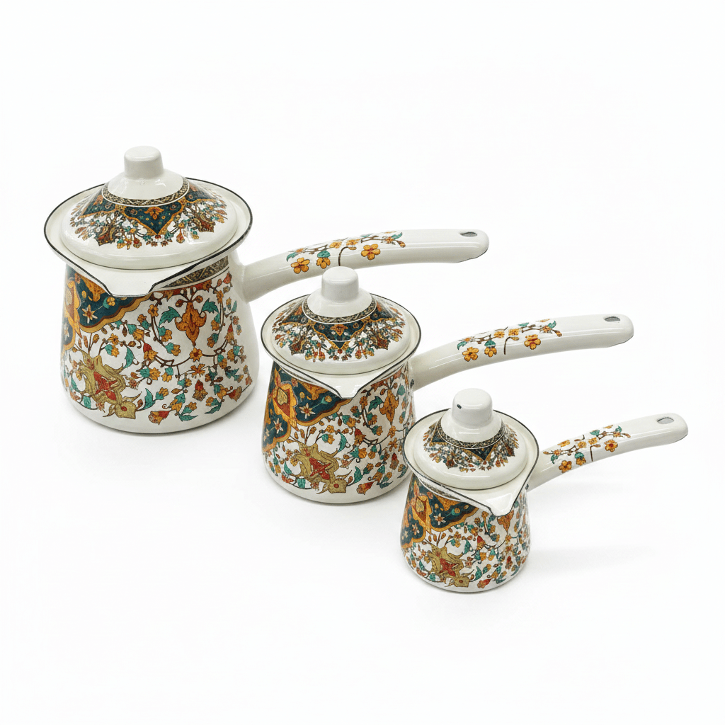 Cream Enamel Coffee Warmer Set With Floral Design – 3 Pcs - 10cm / 9cm / 7cm - Al Kabayel Discount CentreCream Enamel Coffee Warmer Set With Floral Design – 3 Pcs - 10cm / 9cm / 7cmTea/Coffee PotsAKDCAl Kabayel Discount Centre