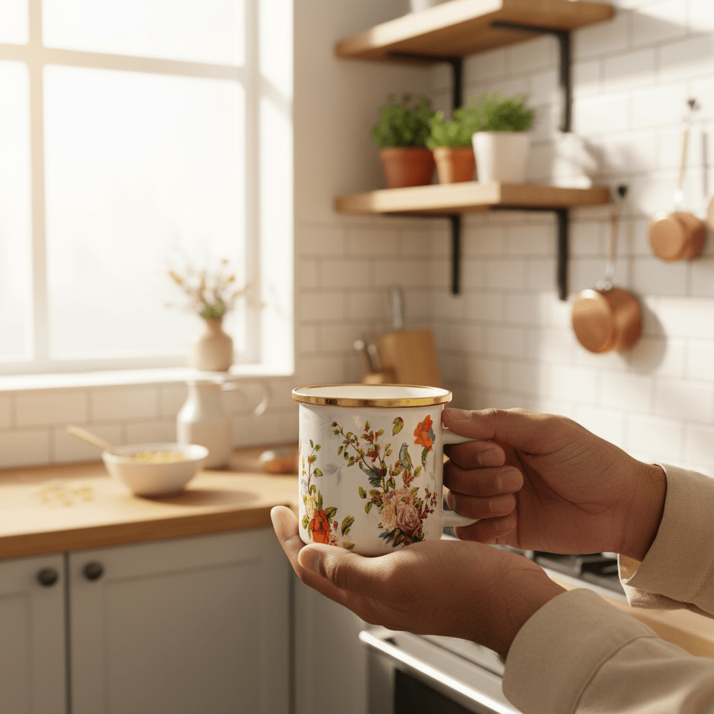 Cream Enamel Mug With Floral Garden Design - 300ml - Al Kabayel Discount CentreCream Enamel Mug With Floral Garden Design - 300mlMugsAKDCAl Kabayel Discount Centre
