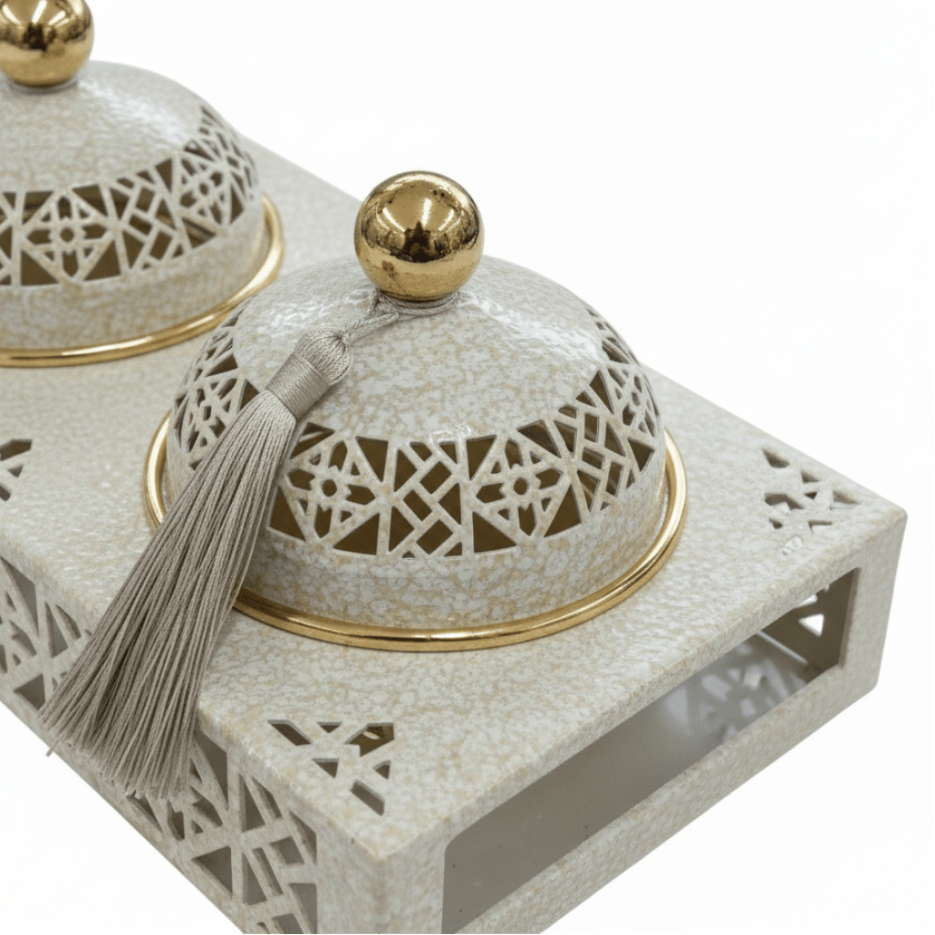 Cream & Gold Arabesque Candy Bowl with Holder — 3 Pcs Set - 40×15 cm - Al Kabayel Discount CentreCream & Gold Arabesque Candy Bowl with Holder — 3 Pcs Set - 40×15 cmBowlsAKDCAl Kabayel Discount Centre