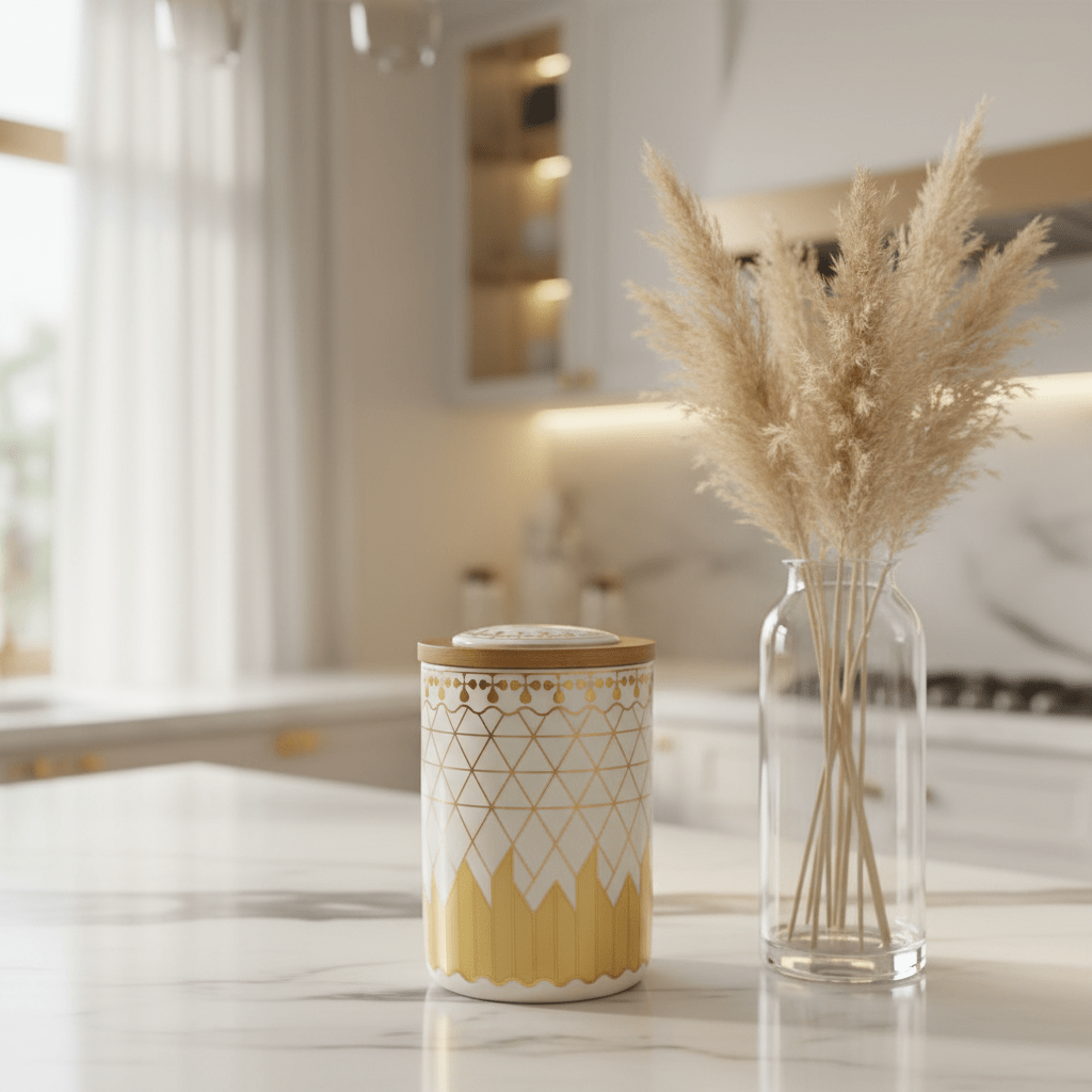 Cream & Gold Ceramic Canister with Wooden & Ceramic Lid | 15×10cm - Al Kabayel Discount CentreCream & Gold Ceramic Canister with Wooden & Ceramic Lid | 15×10cmJars & Food SaversAKDCAl Kabayel Discount Centre