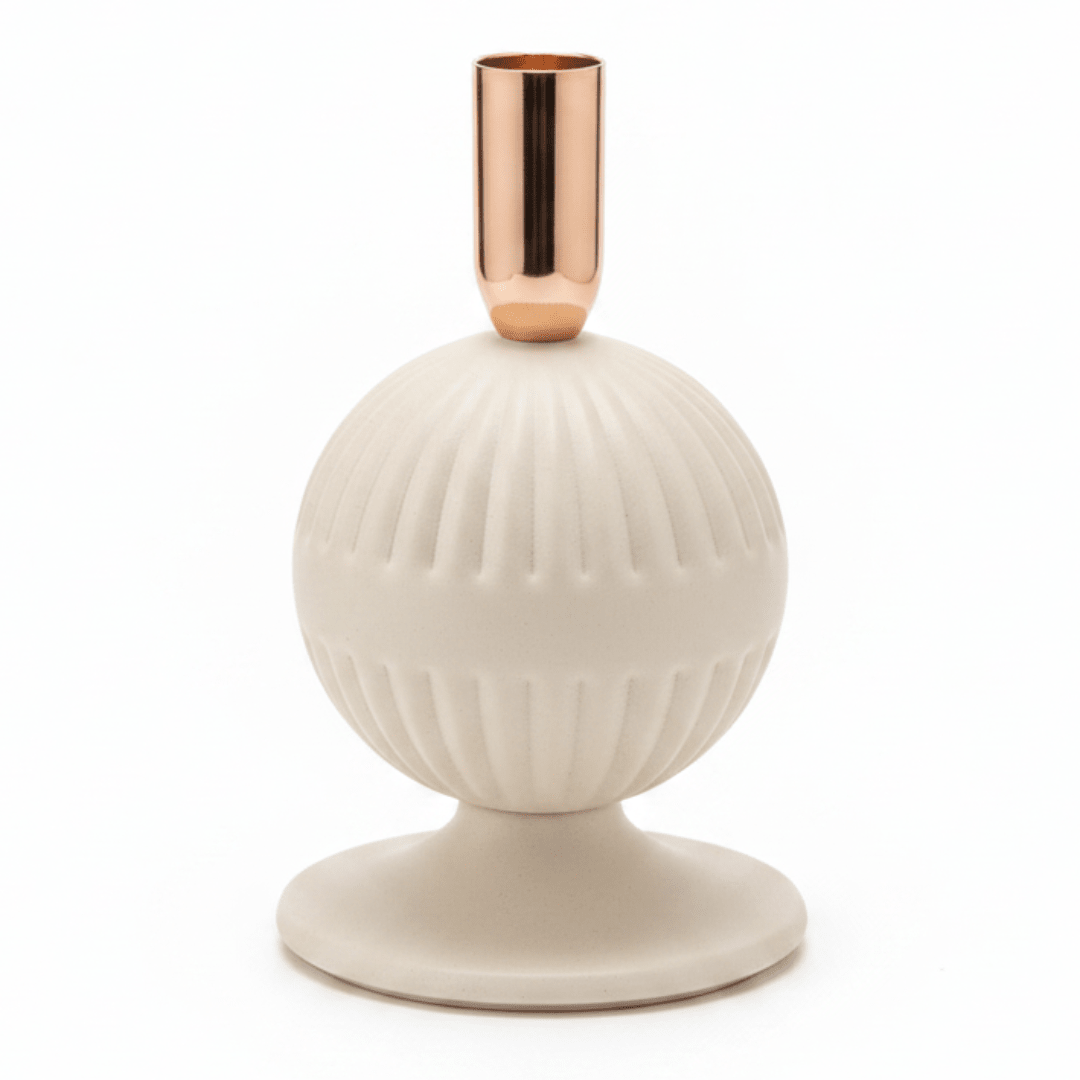Cream & Rose Gold Metal Ribbed Candle Holder | Elegant Sphere Base | 18cm - Al Kabayel Discount CentreCream & Rose Gold Metal Ribbed Candle Holder | Elegant Sphere Base | 18cmHome Décor AccentsAKDCAl Kabayel Discount Centre