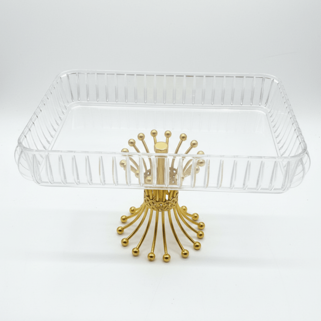 Crystal Acrylic Rectangle Candy Tray with Luxury Gold Metal Pedestal Stand | 32×21cm - Al Kabayel Discount CentreCrystal Acrylic Rectangle Candy Tray with Luxury Gold Metal Pedestal Stand | 32×21cmServing TraysAKDCAl Kabayel Discount Centre