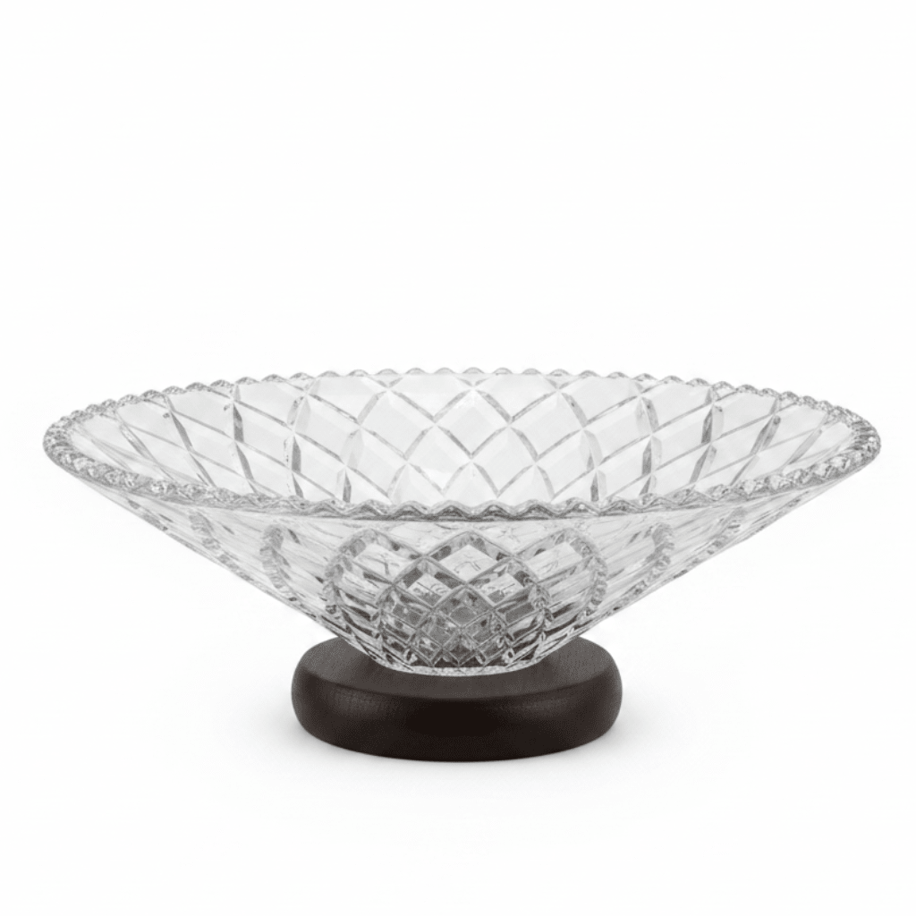 Crystal Diamond-Cut Glass Fruit Bowl with Wooden Base - 25×10 cm - Al Kabayel Discount CentreCrystal Diamond-Cut Glass Fruit Bowl with Wooden Base - 25×10 cmBowlsAKDCAl Kabayel Discount Centre