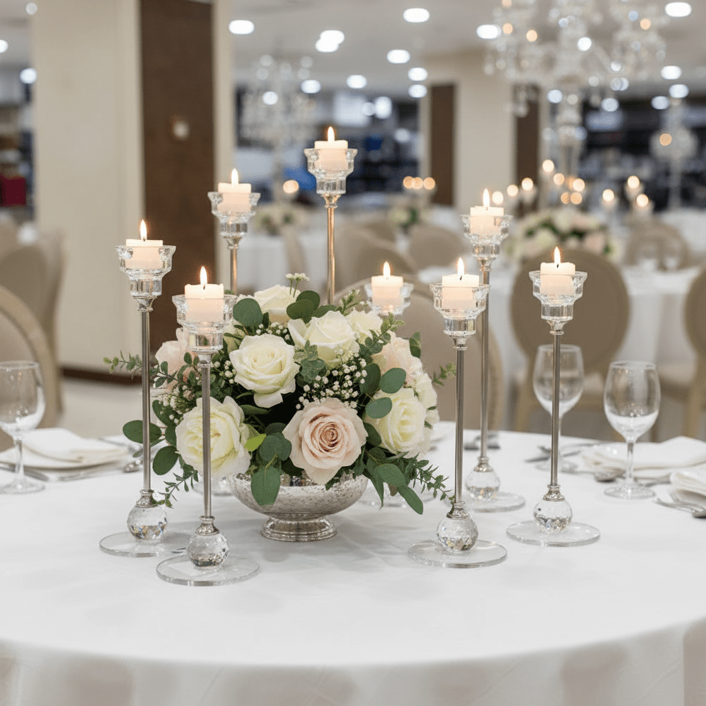 Crystal & Silver Metal Decorative Candle Holder for Elegant Home and Event Styling – 18cm - Al Kabayel Discount CentreCrystal & Silver Metal Decorative Candle Holder for Elegant Home and Event Styling – 18cmHome Décor AccentsAKDCAl Kabayel Discount Centre