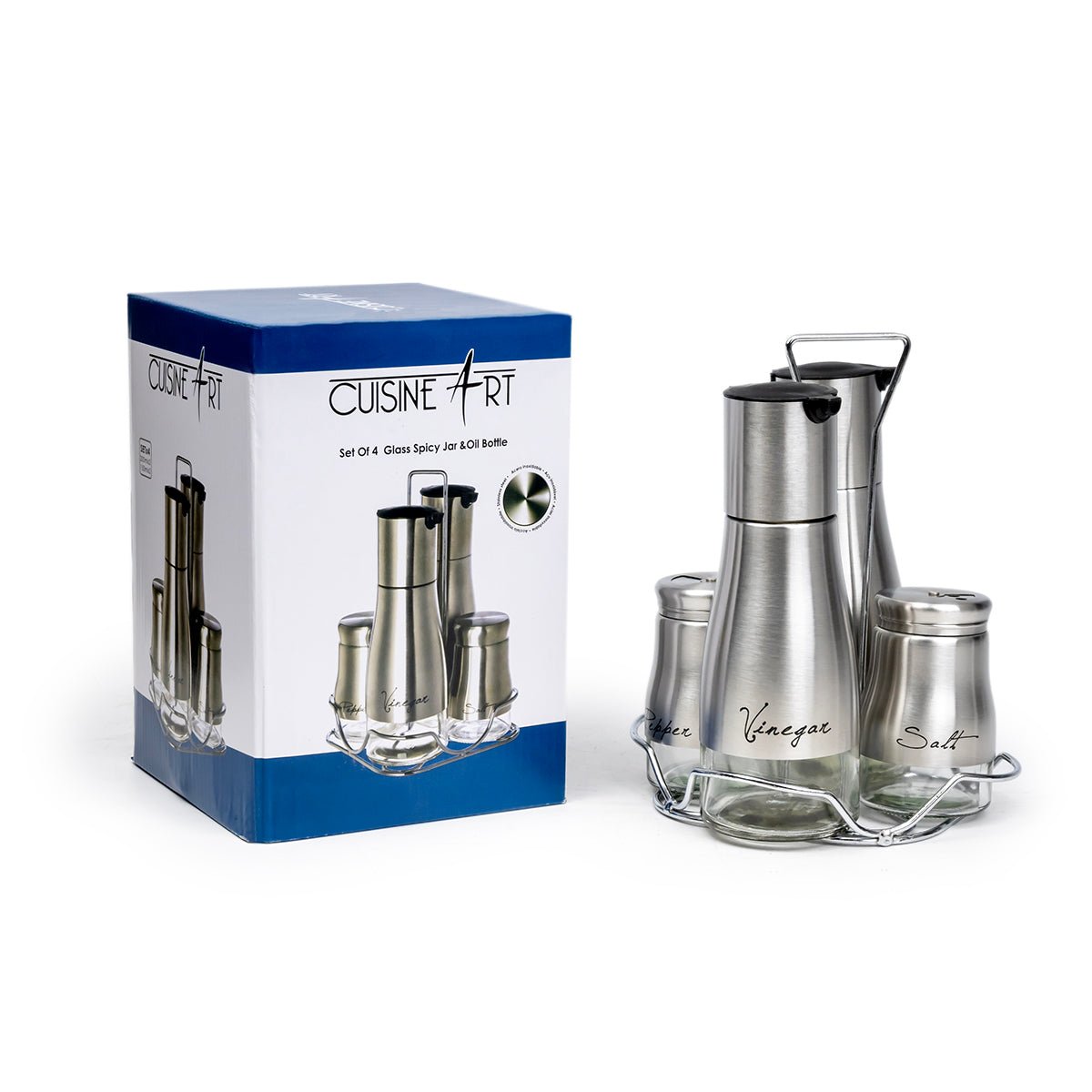 Cuisine Art Glass Spice Jar & Oil Bottle Set of 4 - Stainless Steel & Glass