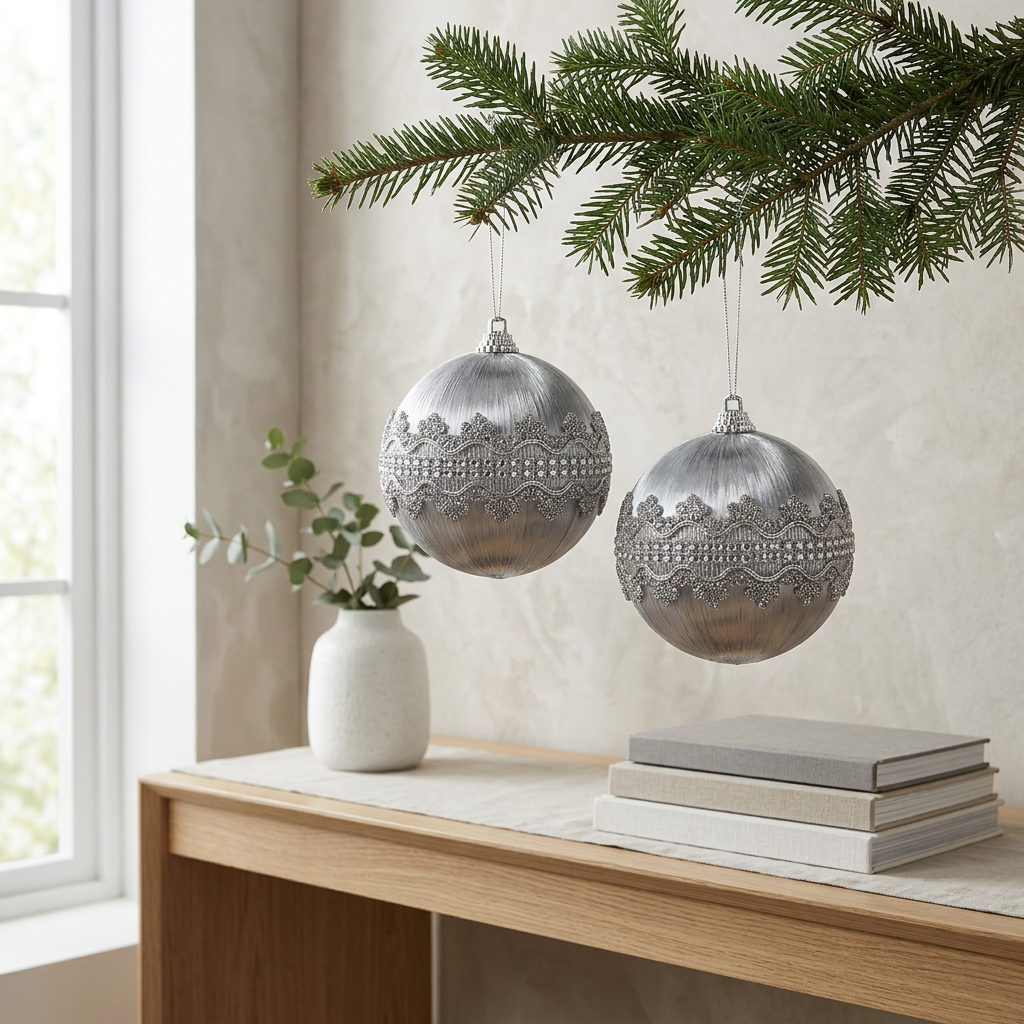 Plastic Christmas Hanging Balls 2 Piece Grey - 10cm