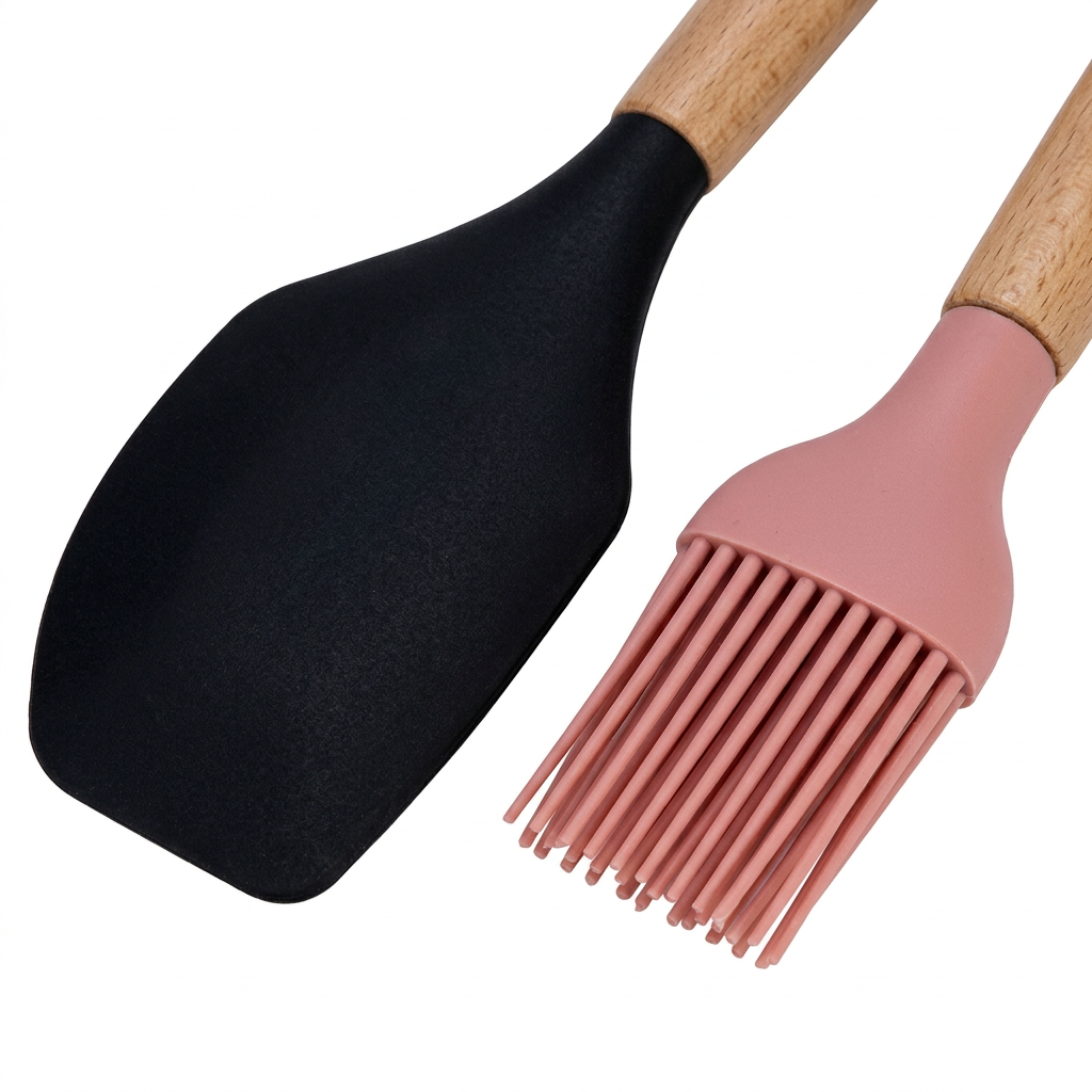 Royalford 2-Piece Silicone Kitchen Tool Set with Wooden Handles - 30cm / 27cm