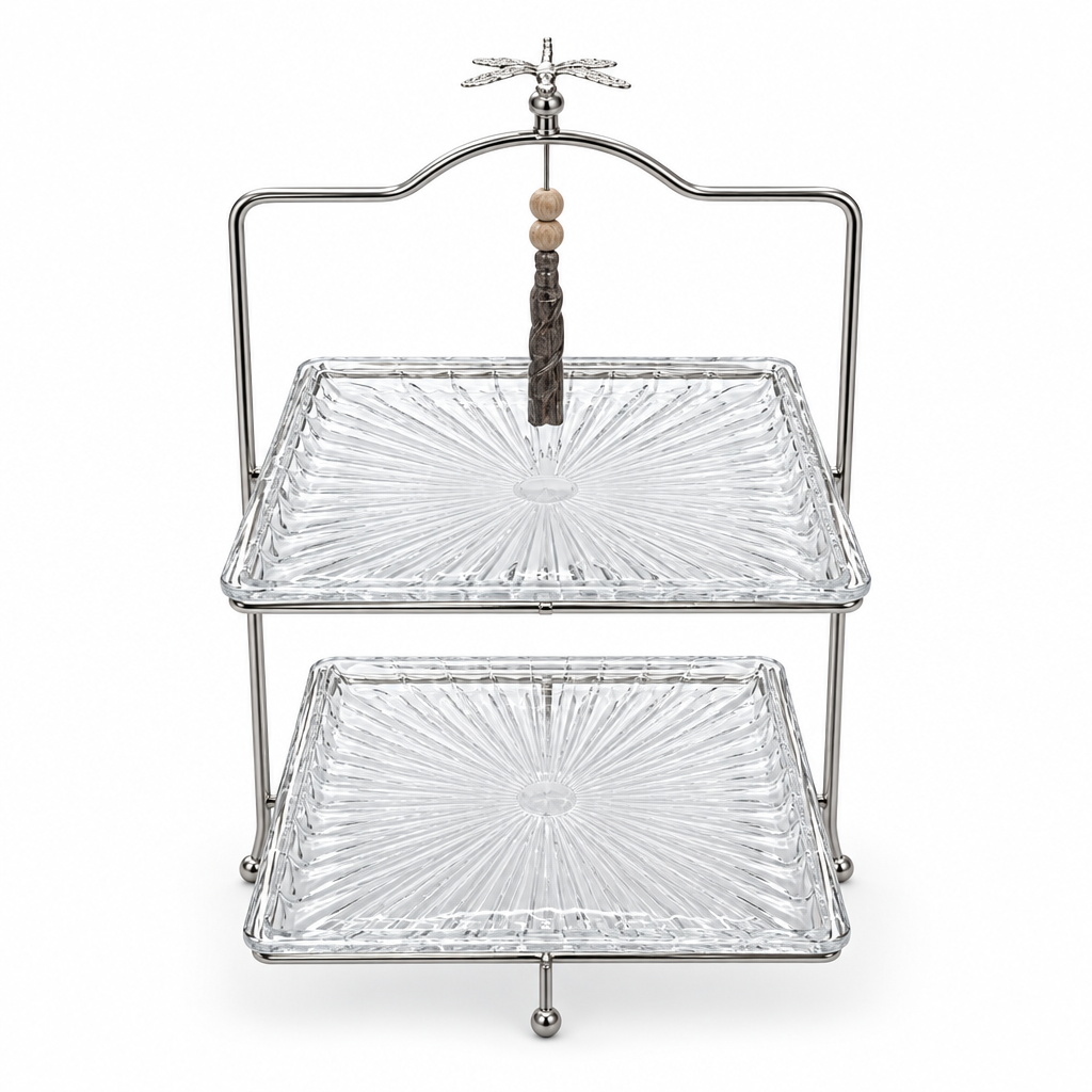 2-Tier Glass Candy Tray with Silver-Tone Metal Stand - 25×40cm