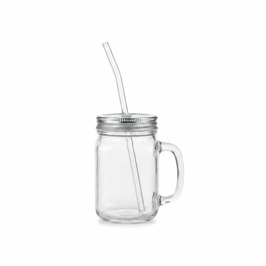 Iman Clear Juice Glass with Straw and Silver Lid - 350 ml