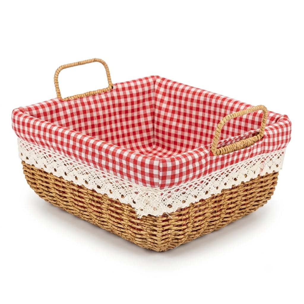 Square Woven Storage Basket with Gingham Lining & Handles